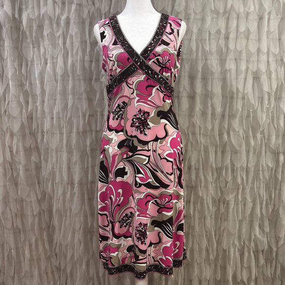 Tahari ASL Pink Sleeveless V-Neck Floral Dress | Women's Size 6 - Picture 2 of 9